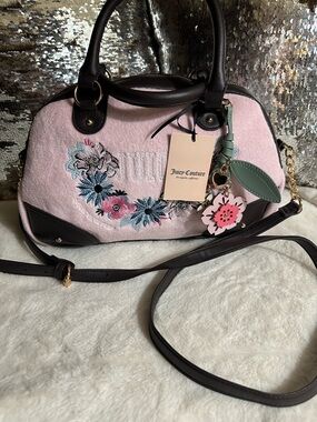 Juicy Couture Pink Floral Appliqué Satchel with Dark Brown Trim